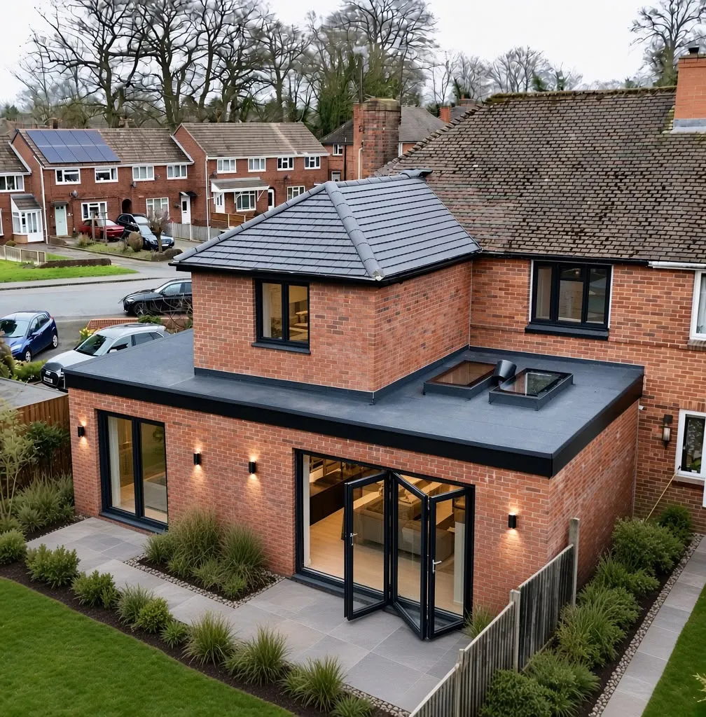 The finished wrap-around extension seen from above, lit from inside
